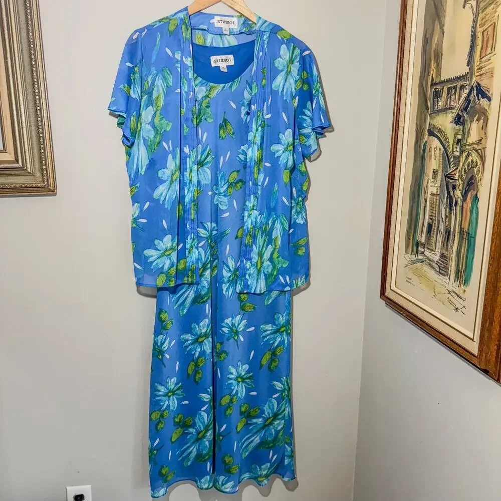 Vintage Studio I Blue Floral Maxi Dress & Matching Cardigan Jacket Set Size 14